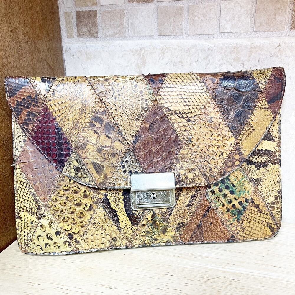 Vintage 80s Snakeskin Exotic Leather Clutch Wristlet Handbag Small Purse